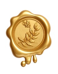 Golden wax seal with a relief leaf design, isolated on white