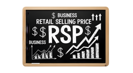 Business concept of Retail Selling Price RSP with growth graphs on a chalkboard.