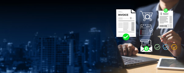 managing online invoices, electronic tax, e-invoice, and digital receipt statements concept