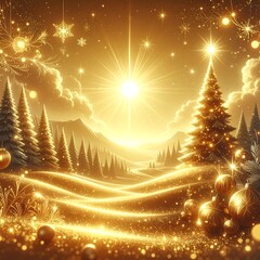 Golden winter landscape with radiant star and festive decorations
