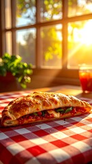 Golden-baked stuffed Italian calzone on red checkered tablecloth, near window
