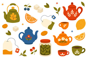 Tea set with teapots, cups, jar, milk, sugar and citrus slices with leaves. For cafe menus, bakery posters, packaging, stickers.