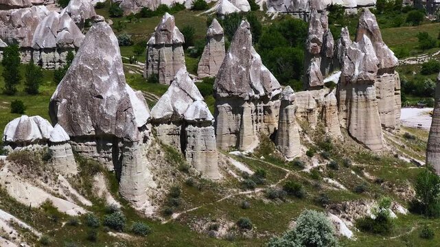 The Valley of Love in Goreme National Park. Unique rocks of various shapes. Sandstone cliffs. The wonders of Cappadocia are rock formations. The unusual shapes of the rocks are the property of Turkey.