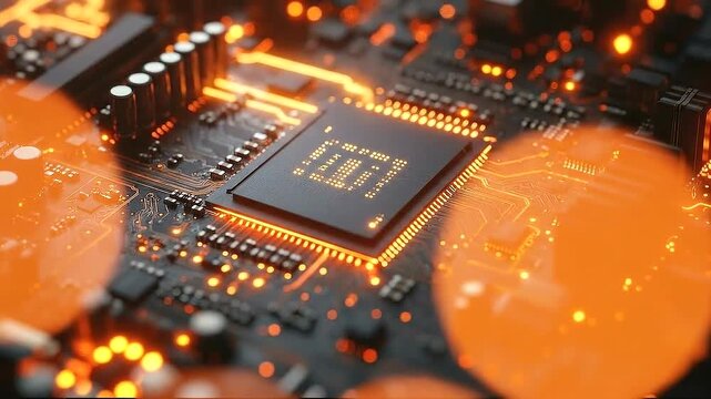 Close-up of a glowing circuit board with intricate electronic components