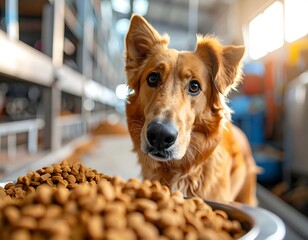 Golden-brown dog with big eyes looking at the camera, beside dog food