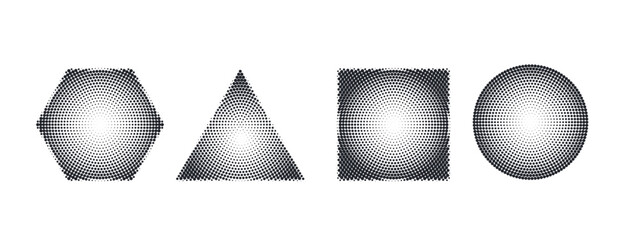 Abstract geometric set with stipple texture: circle, triangle, square, hexagon featuring radial gradation effects and grainy halftone patterns for creative backgrounds.