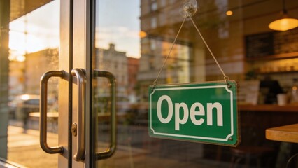 Green "Open" sign welcomes customers through sparkling glass doors in morning light