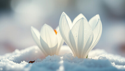 A beautiful macro close-up of a white snowdrop flower blooming through the snow in a spring garden showcasing delicate petals and the pure beauty of nature&rsquo;s first floral blossom