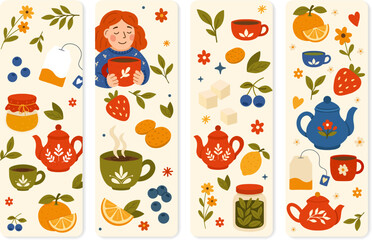 Bookmarks set with tea cups, teapots, sweets, berries and citrus. For printable stationery, book lovers, gift bundles, library events and cafe branding.