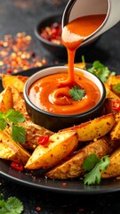 Golden-brown potato wedges with spicy red sauce being poured