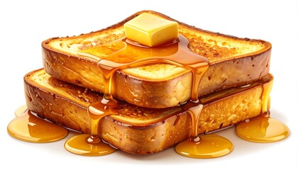 Golden-brown toast slices, butter pat, drenched in sweet syrup