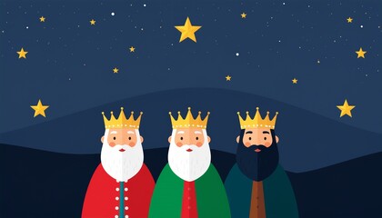 Fototapeta premium Ilustración vectorial plana de los tres Reyes Magos sonrientes bajo un cielo estrellado. Diseño moderno, minimalista y colorido con personajes simpáticos y coronas.