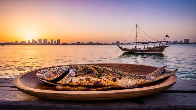 Grilled Samak Mashwi fish on wooden platter at Dubai Creek during sunset