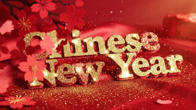 Golden glitter text Chinese New Year with red flowers and falling particles for celebration and greeting card design - Powered by Adobe