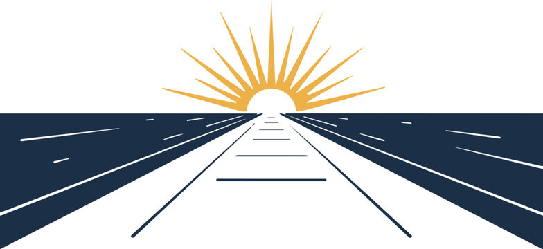 A minimalist landscape showing a long road leading toward a rising sun on the horizon, symbolizing a journey, vision, and a bright future.