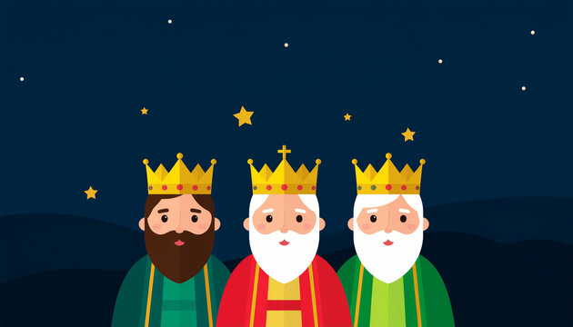 Ilustraci&oacute;n vectorial plana de los tres Reyes Magos sonrientes bajo un cielo estrellado. Dise&ntilde;o moderno, minimalista y colorido con personajes simp&aacute;ticos y coronas.