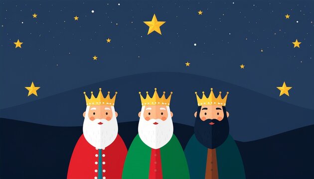 Ilustraci&oacute;n vectorial plana de los tres Reyes Magos sonrientes bajo un cielo estrellado. Dise&ntilde;o moderno, minimalista y colorido con personajes simp&aacute;ticos y coronas.