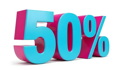 Isolated 50 percent discount sign in cyan and pink on white background