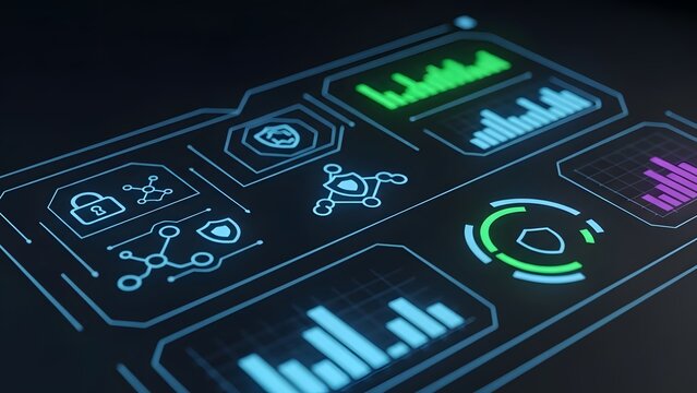 Futuristic digital interface displaying data visualizations and cybersecurity network elements - Powered by Adobe