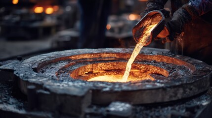 Medium shot of a worker shaping molten aluminum using closed die forging emphasizing the precision and pressure applied to form detailed parts.