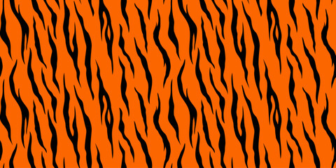 Black vertical stripes on orange background. Seamless pattern of black stripes. Animal fur horizontal pattern.