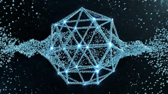 Abstract 3D rendering of an icosahedron with connected dots and lines, representing a complex network or system.