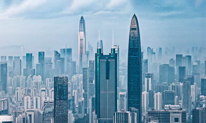 Aerial view of Skyline with landmarks buildings in Shenzhen city in China
