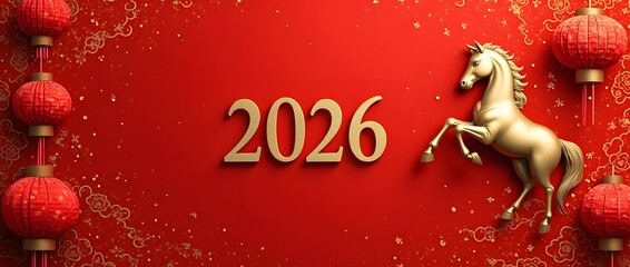 Majestic gold horse and 2026 numbers surrounded by traditional red Chinese lanterns and golden patterns for the Lunar New Year celebration of the Year of the Horse.