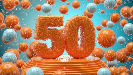 An orange number fifty on a cake with blue and orange balls in the background