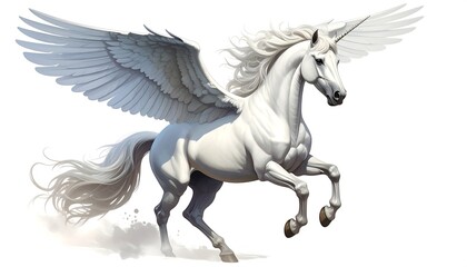 Graceful white equine with a single horn and expansive feathered wings