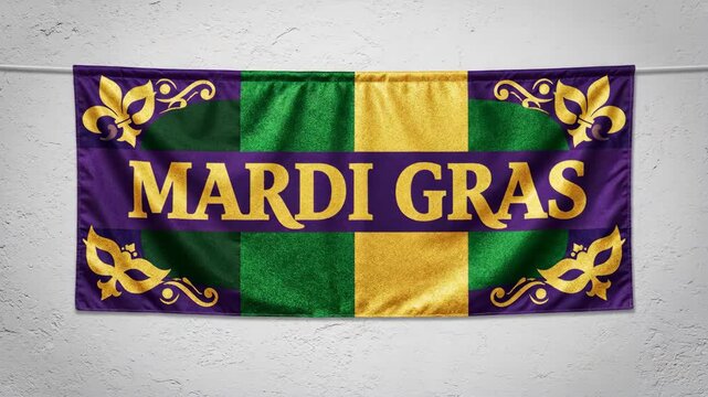 Mardi gras banner hanging on a textured wall. Festive purple, green, and gold decoration for a holiday celebration.