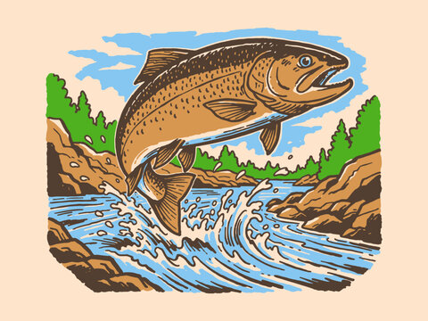 Vintage Brown Trout Jumping Out of Rushing River Illustration. Retro Fly Fishing Vector Graphic for Outdoor Adventure and Wildlife Design.