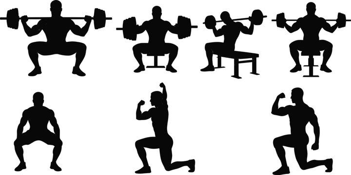 Silhouettes of men and women performing various weightlifting and squat exercises with barbells fitness