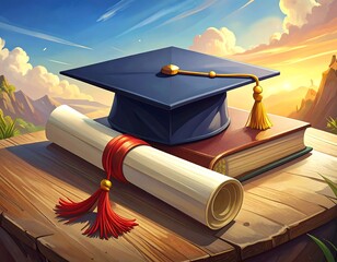 Graduation cap, diploma, and book set on wood with landscape