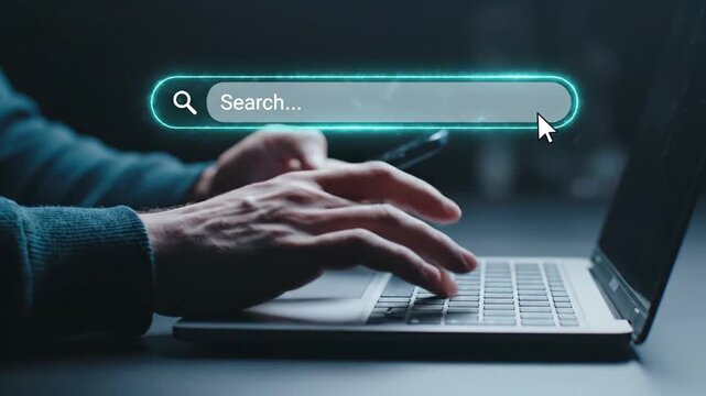 Person's hands typing on a laptop keyboard with a glowing digital search bar overlay, symbolizing online information access and modern technology i...