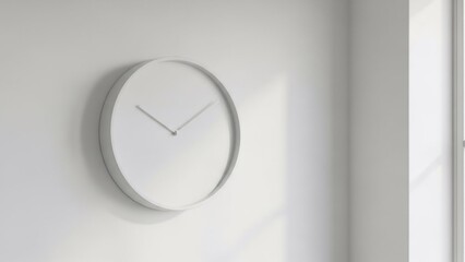 Fototapeta premium Minimalist white wall clock on a pristine white wall, gently illuminated by natural sunlight, creating subtle shadows and a serene modern aesthetic