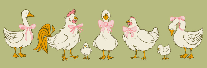 Cottagecore goose and chicken illustration with pink bows - charming farm birds wearing decorative ribbon bows. Cute poultry characters in whimsical vintage doodle style for spring nursery design.