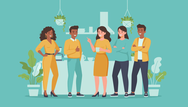 Happy diverse coworkers chatting in an office breakroom Teamwork and casual meeting