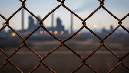 Fototapeta premium Chain link fence with blurred industrial background at dusk.