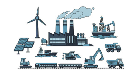 Industry and logistics concept illustration featuring manufacturing renewable energy transport infrastructure and construction vehicles © Microstock