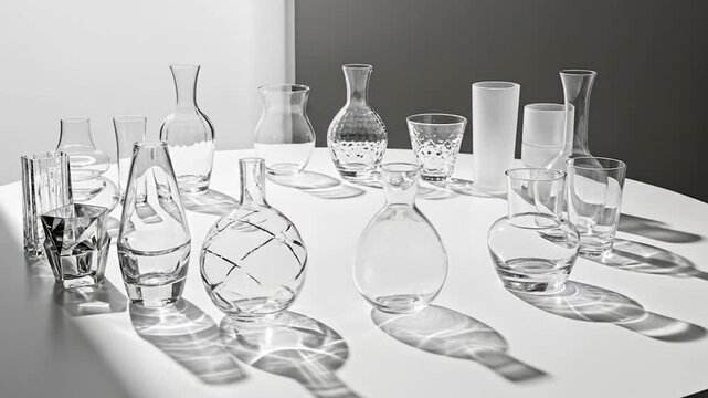 Assortment of crystal drinkware pieces on a white surface, showcasing elegant shadows