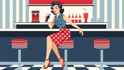 Plakat Pop art pin up girl sitting on bar stool sipping soda, casual modern vector illustration with solid colors, ideal for retro diner lifestyle themes