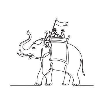 Elegant single line drawing of people riding an elephant with a howdah