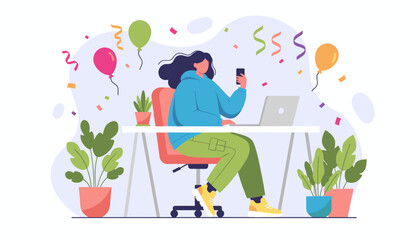 Remote worker enjoying a virtual celebration or achievement at her desk with balloons and confetti