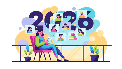 Virtual meeting in 2026 Woman connects remotely via video call for business or social networking