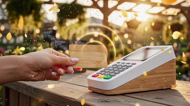 Customer Taps Wooden Card on Pos Terminal in Outdoor Business Setting