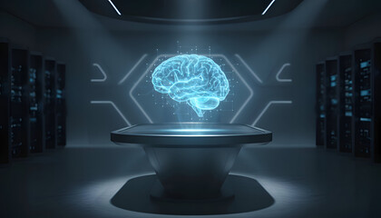 Futuristic Artificial Intelligence Brain Hologram Floating Over Digital Table in High-Tech Data Center