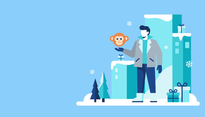 A man holding a monkey icon in a winter cityscape Holiday season illustration with copy space © Republic of Stock