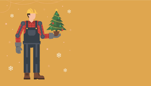 Worker wearing an exoskeleton and hard hat holds a Christmas tree industrial holiday vector
