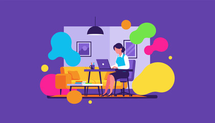 Obraz premium Businesswoman telecommuting from a colorful home workspace Remote work vector